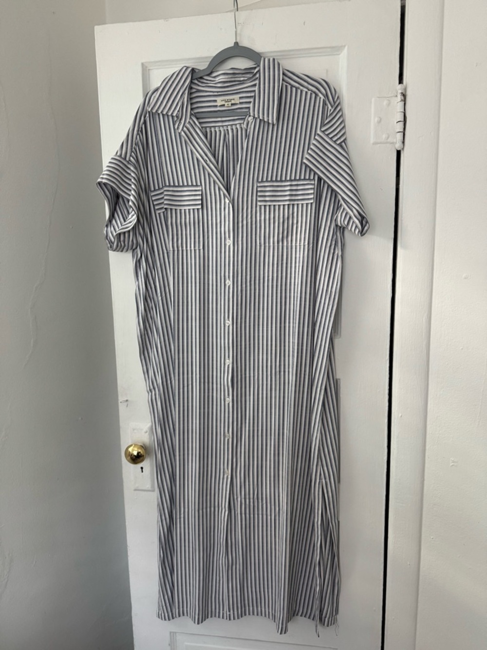Max Studio Striped Button-Down Maxi Dress in Blue and White